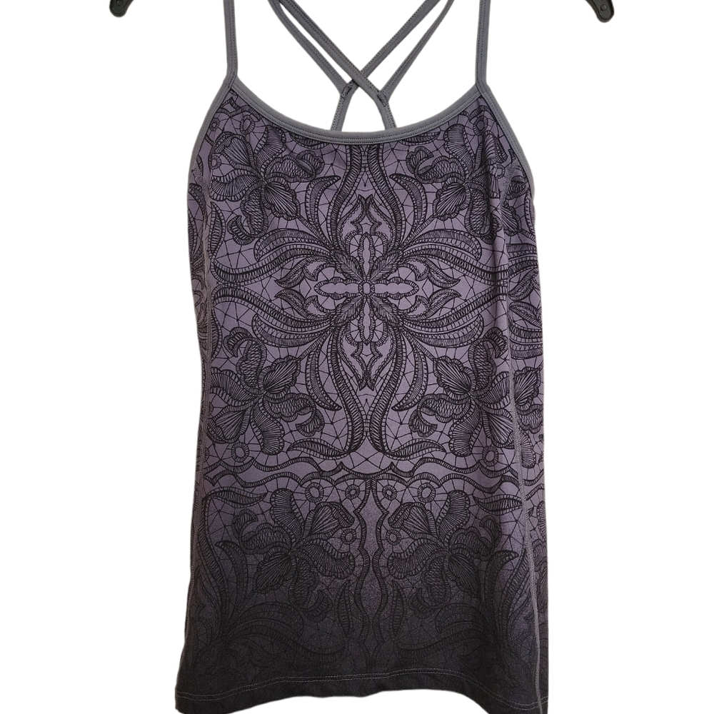 Athleta gray print strappy razor back workout tank built-in bra SZ Small
